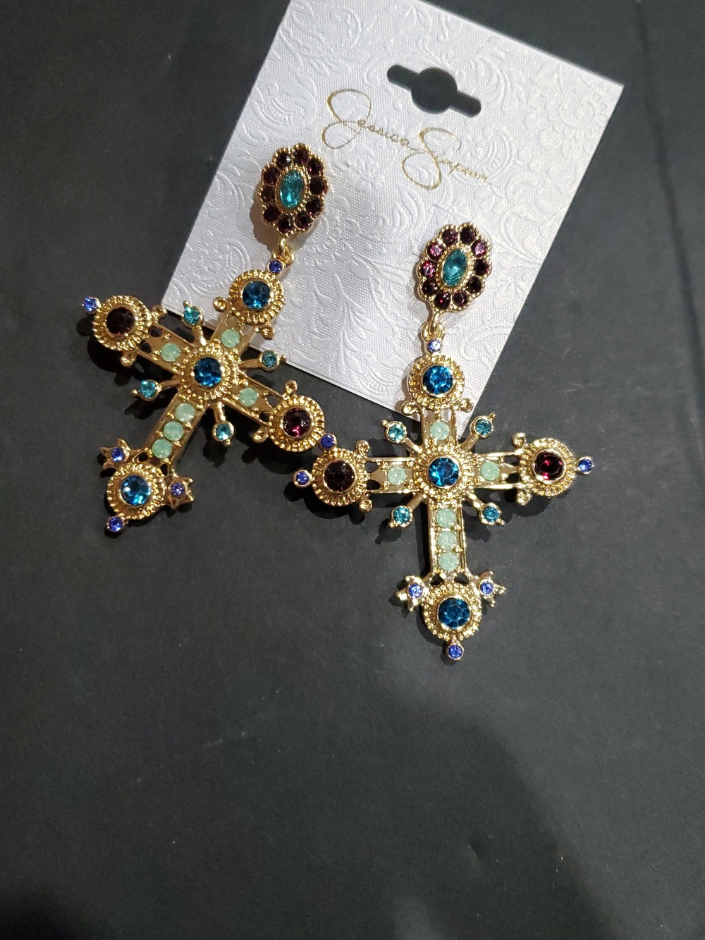 Jessica‎ Simpson turquoise jade ruby pave gemstone studded gothic cross earrings